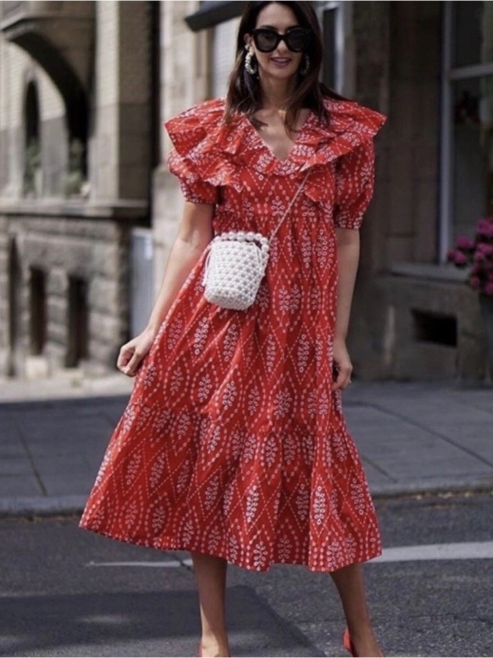 Zara Red White Eyelet Embroidered Ruffle Puff Sleeve Midi Dress Large Boho